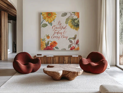 Autumn in Bloom V by Lisa Audit. Shown as extra-large giant wall art in a modern living room. Available as an archival giclee rolled canvas, fine art paper, or poster print. SKU 45254a.