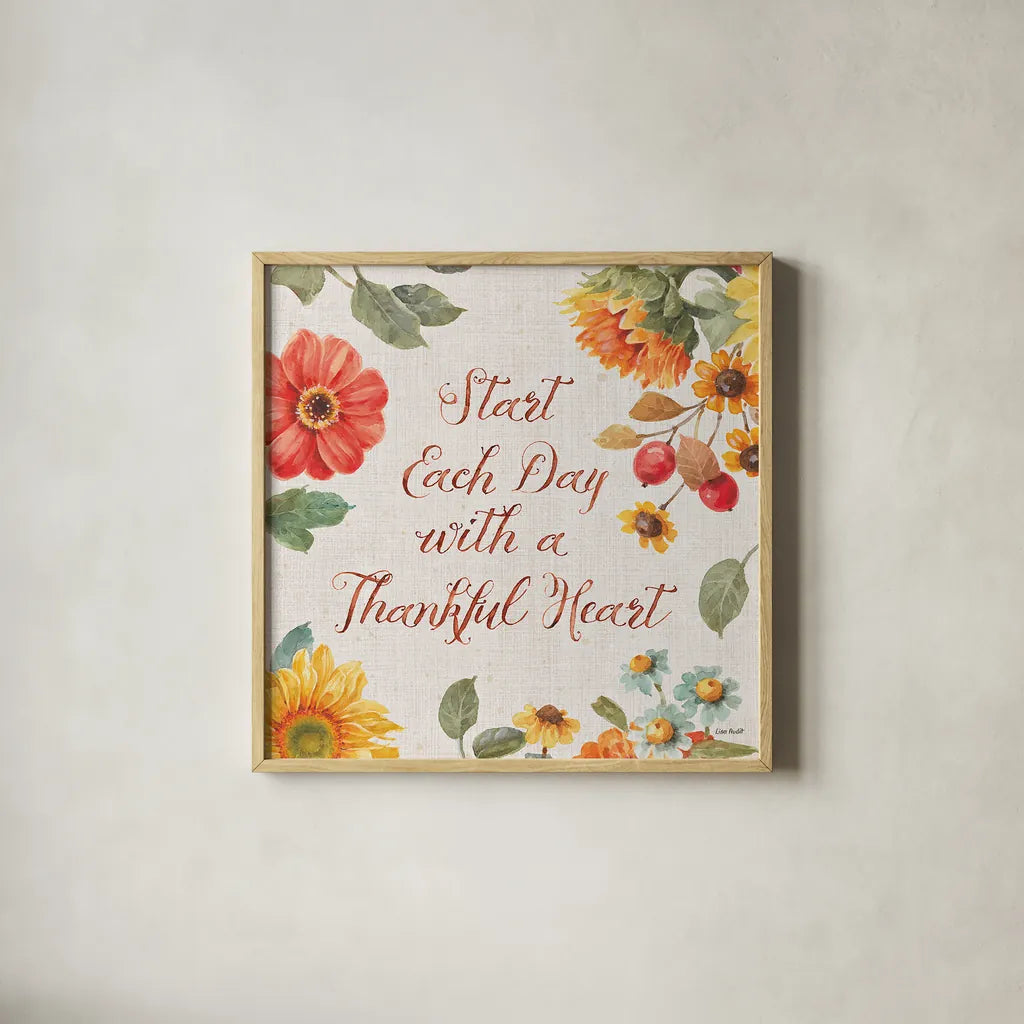 Autumn in Bloom VII by Lisa Audit. Shown in a natural wood glass frame for a timeless modern aesthetic. Available as an archival giclee rolled canvas, fine art paper, or poster print. SKU 45256a.