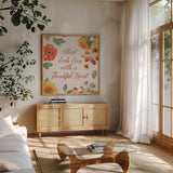 Autumn in Bloom VII by Lisa Audit. Shown in a natural wood frame in a cozy modern living room. Available as an archival giclee rolled canvas, fine art paper, or poster print. SKU 45256a.