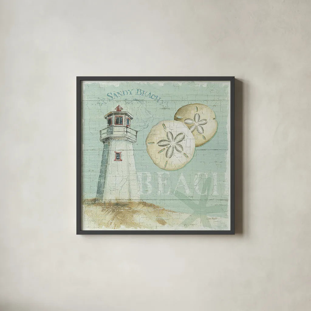 Beach House I by Lisa Audit. Shown in a sleek black glass frame for a contemporary gallery look. Available as an archival giclee rolled canvas, fine art paper, or poster print. SKU 14823a.
