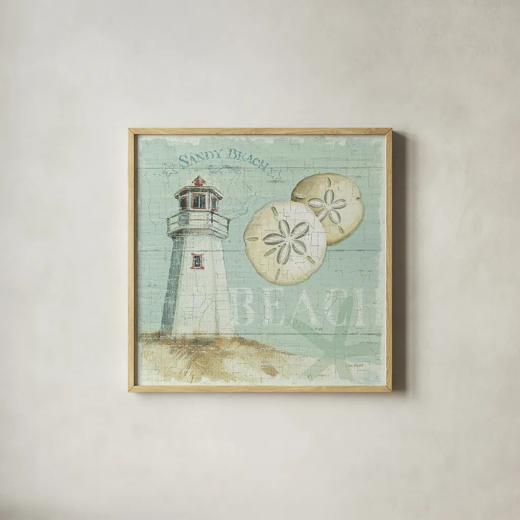 Beach House I by Lisa Audit. Shown in a natural wood glass frame for a timeless modern aesthetic. Available as an archival giclee rolled canvas, fine art paper, or poster print. SKU 14823a.