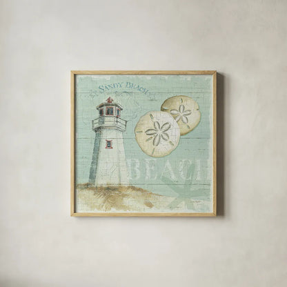 Beach House I by Lisa Audit. Shown in a natural wood glass frame for a timeless modern aesthetic. Available as an archival giclee rolled canvas, fine art paper, or poster print. SKU 14823a.