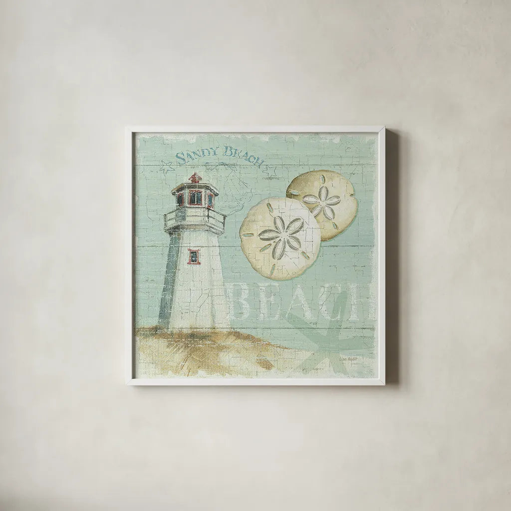 Beach House I by Lisa Audit. Shown in a crisp white glass frame for a clean and minimalist style. Available as an archival giclee rolled canvas, fine art paper, or poster print. SKU 14823a.