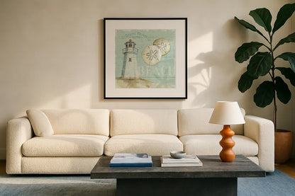 Beach House I by Lisa Audit. Displayed in a glass frame with matte in a clean modern living room. Available as an archival giclee rolled canvas, fine art paper, or poster print. SKU 14823a.