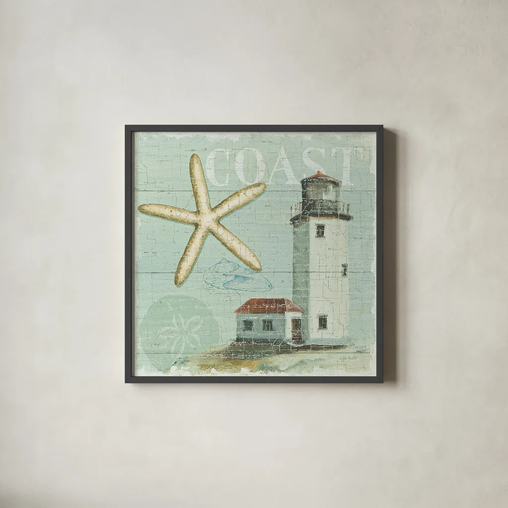 Beach House II by Lisa Audit. Shown in a sleek black glass frame for a contemporary gallery look. Available as an archival giclee rolled canvas, fine art paper, or poster print. SKU 14824a.