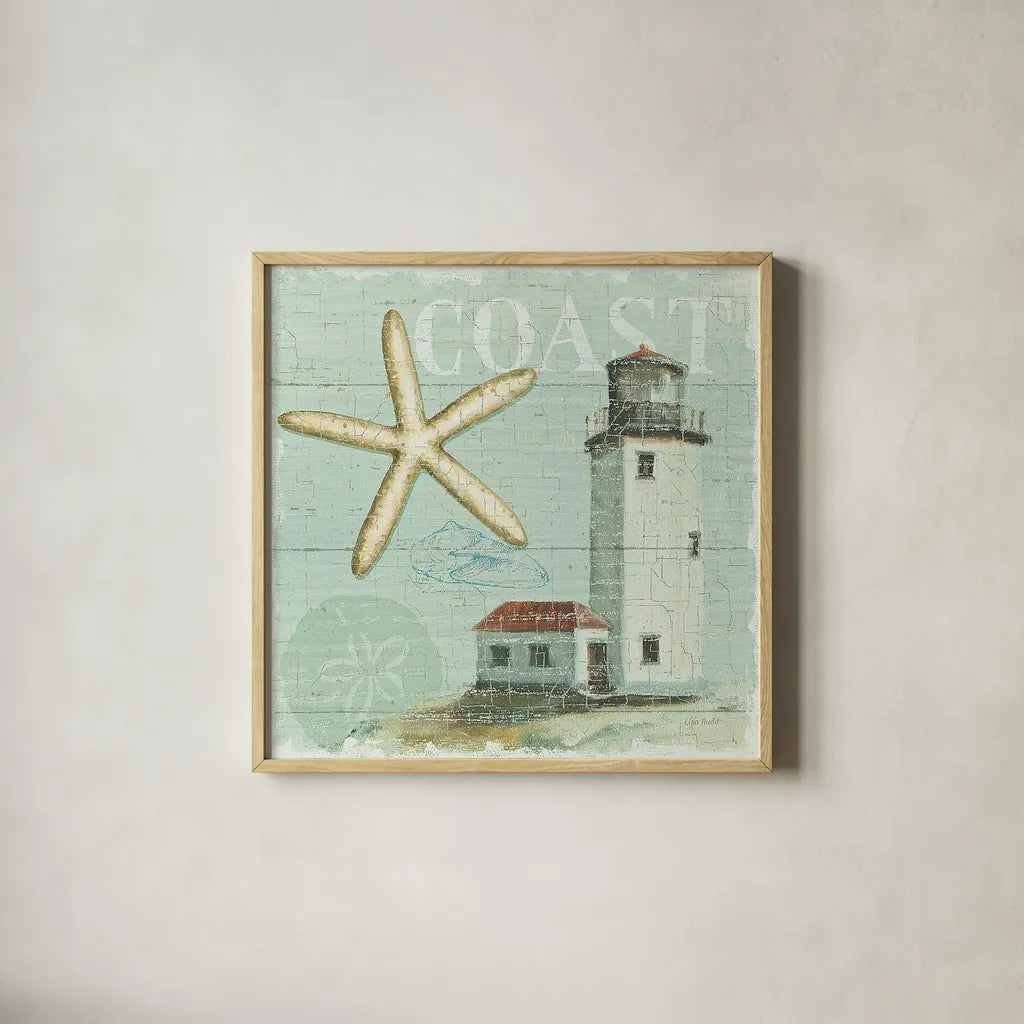 Beach House II by Lisa Audit. Shown in a natural wood glass frame for a timeless modern aesthetic. Available as an archival giclee rolled canvas, fine art paper, or poster print. SKU 14824a.