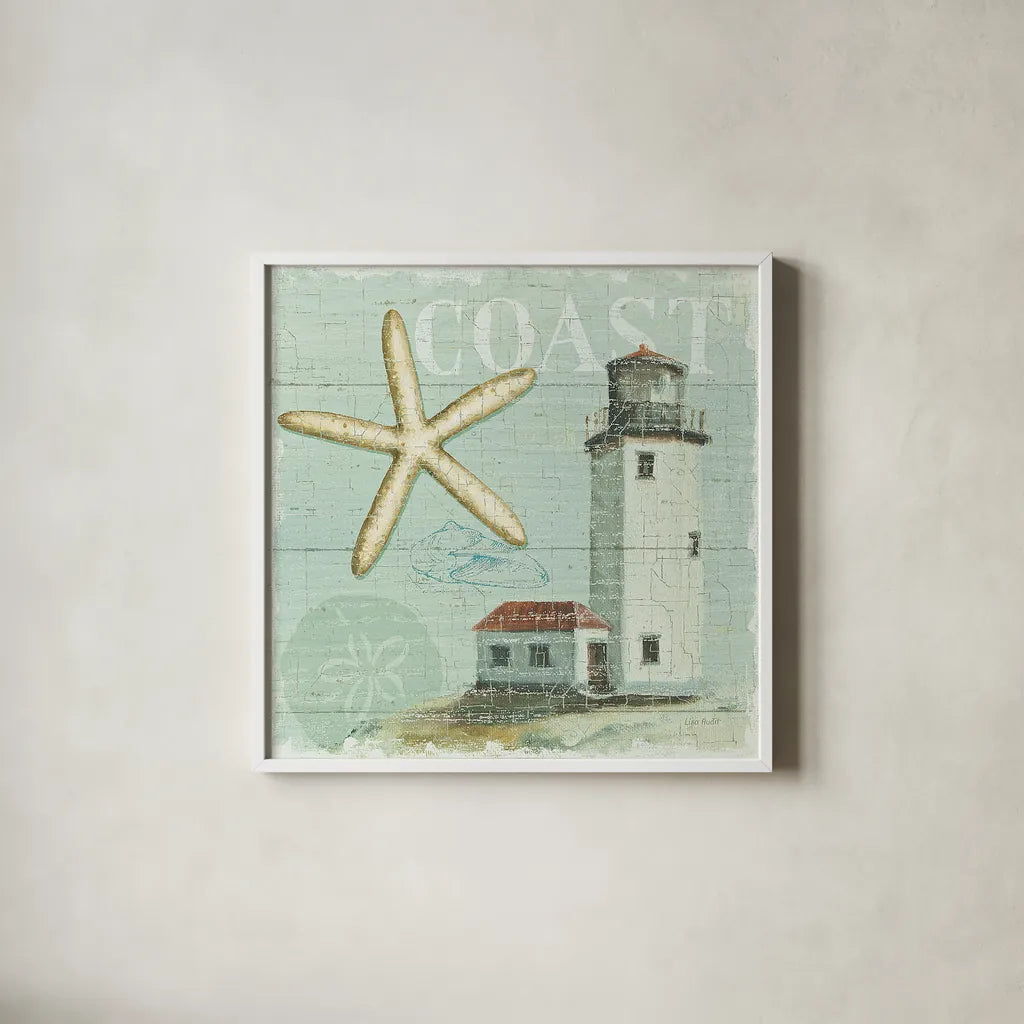 Beach House II by Lisa Audit. Shown in a crisp white glass frame for a clean and minimalist style. Available as an archival giclee rolled canvas, fine art paper, or poster print. SKU 14824a.
