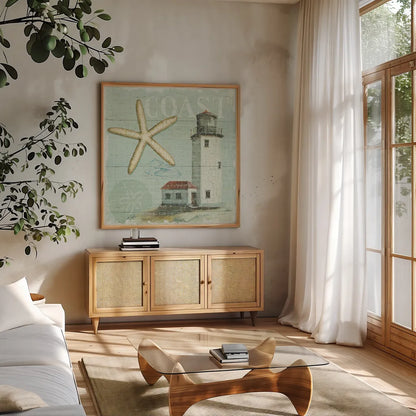 Beach House II by Lisa Audit. Shown in a natural wood frame in a cozy modern living room. Available as an archival giclee rolled canvas, fine art paper, or poster print. SKU 14824a.