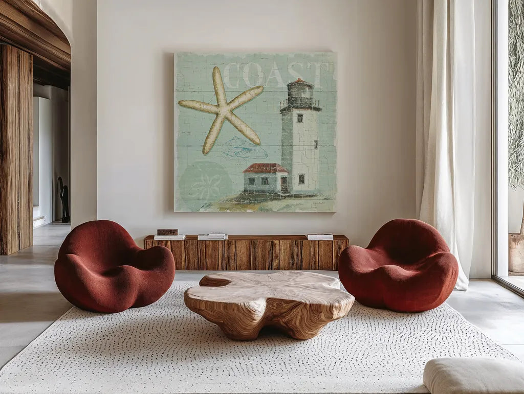 Beach House II by Lisa Audit. Shown as extra-large giant wall art in a modern living room. Available as an archival giclee rolled canvas, fine art paper, or poster print. SKU 14824a.