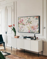 Beautiful Romance III by Lisa Audit. shown as a framed stretched canvas in a living room above a console. Available as a archival giclee rolled canvas, fine art paper, or poster print. SKU 31019i.