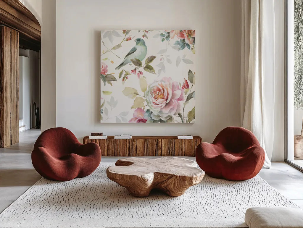 Beautiful Romance III Crop by Lisa Audit. Shown as extra-large giant wall art in a modern living room. Available as an archival giclee rolled canvas, fine art paper, or poster print. SKU 31019a.