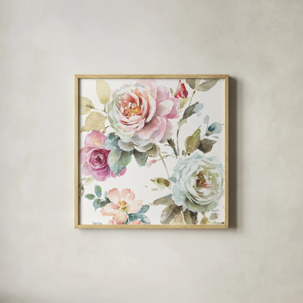Beautiful Romance V by Lisa Audit. Shown in a natural wood glass frame for a timeless modern aesthetic. Available as an archival giclee rolled canvas, fine art paper, or poster print. SKU 31021a.