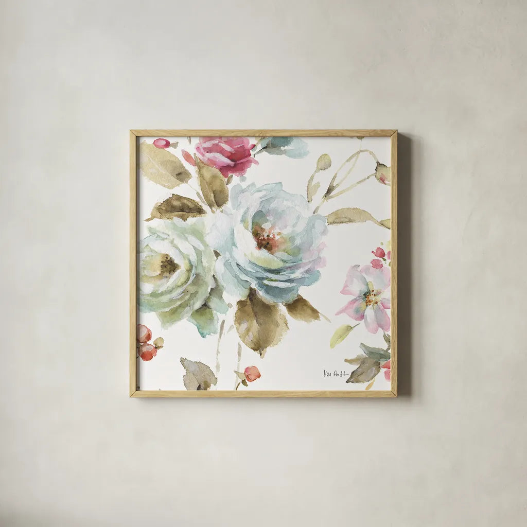Beautiful Romance VI by Lisa Audit. Shown in a natural wood glass frame for a timeless modern aesthetic. Available as an archival giclee rolled canvas, fine art paper, or poster print. SKU 31022a.