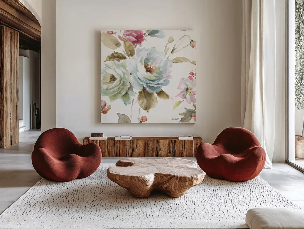 Beautiful Romance VI by Lisa Audit. Shown as extra-large giant wall art in a modern living room. Available as an archival giclee rolled canvas, fine art paper, or poster print. SKU 31022a.