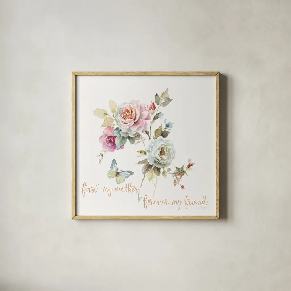 Beautiful Romance VII Mother by Lisa Audit. Shown in a natural wood glass frame for a timeless modern aesthetic. Available as an archival giclee rolled canvas, fine art paper, or poster print. SKU 41687a.