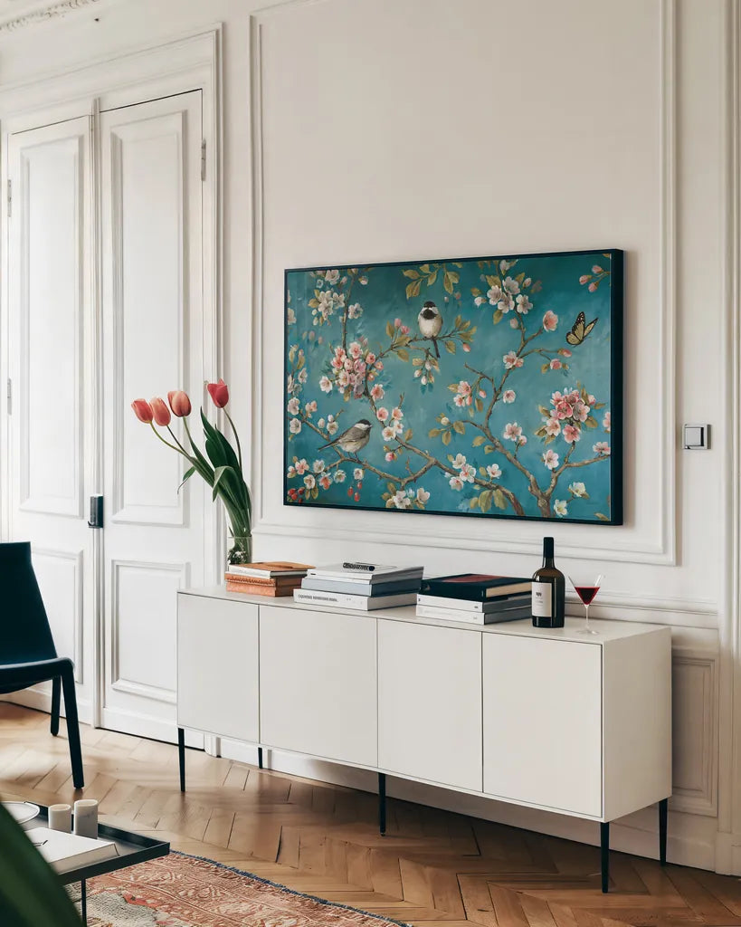 Blossom I by Lisa Audit. shown as a framed stretched canvas in a living room above a console. Available as a archival giclee rolled canvas, fine art paper, or poster print. SKU 12920i.