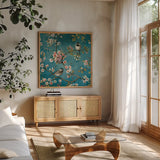 Blossom I Crop by Lisa Audit. Shown in a natural wood frame in a cozy modern living room. Available as an archival giclee rolled canvas, fine art paper, or poster print. SKU 12920a.