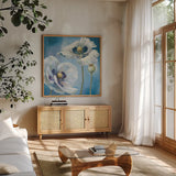 Blue Dance II by Lisa Audit. Shown in a natural wood frame in a cozy modern living room. Available as an archival giclee rolled canvas, fine art paper, or poster print. SKU 14784a.