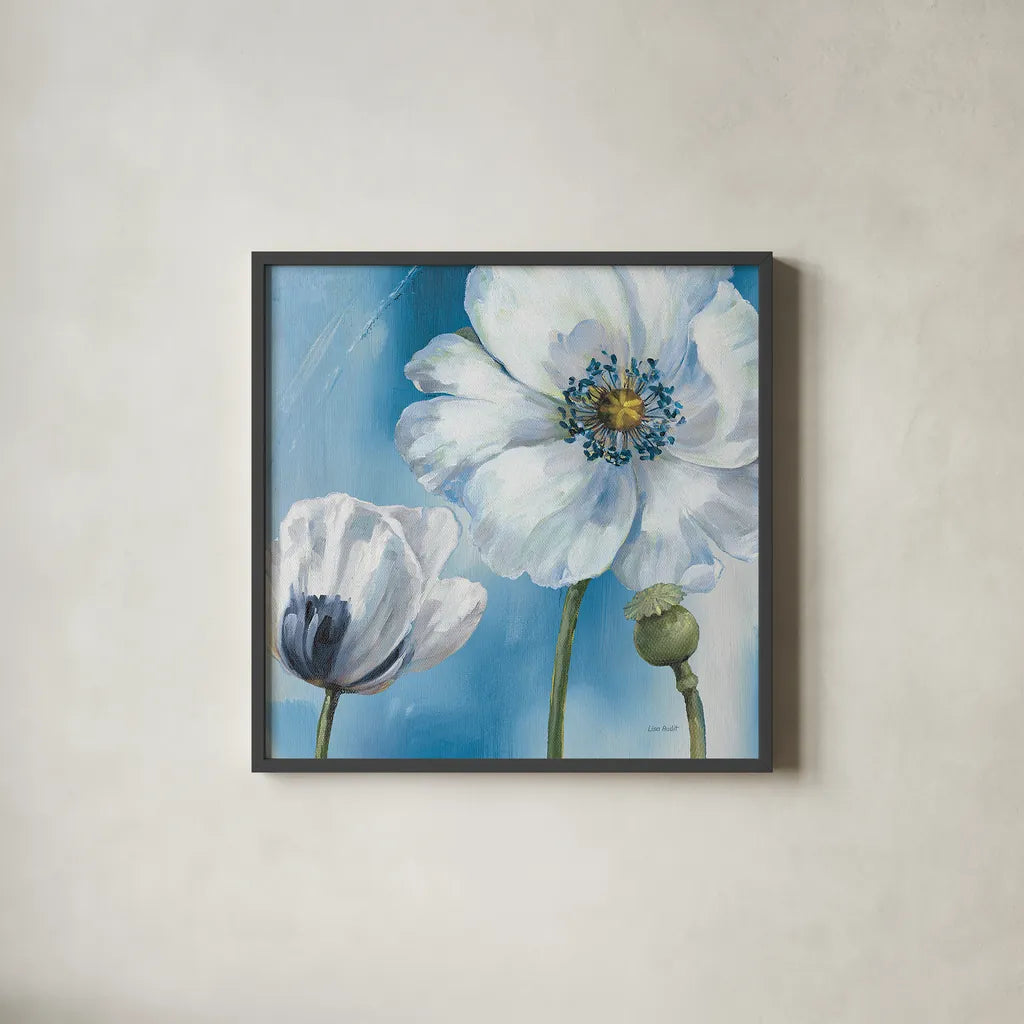 Blue Dance III by Lisa Audit. Shown in a sleek black glass frame for a contemporary gallery look. Available as an archival giclee rolled canvas, fine art paper, or poster print. SKU 14785a.