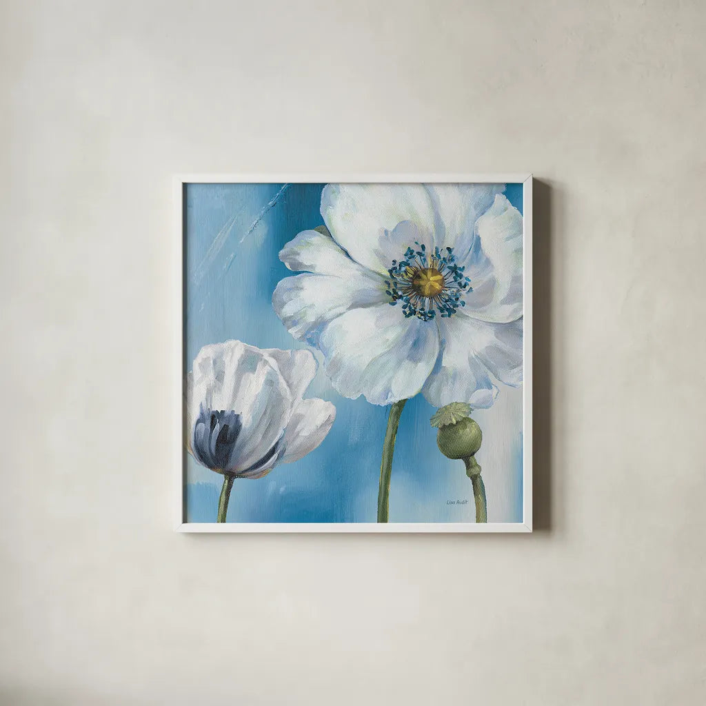 Blue Dance III by Lisa Audit. Shown in a crisp white glass frame for a clean and minimalist style. Available as an archival giclee rolled canvas, fine art paper, or poster print. SKU 14785a.