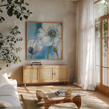 Blue Dance III by Lisa Audit. Shown in a natural wood frame in a cozy modern living room. Available as an archival giclee rolled canvas, fine art paper, or poster print. SKU 14785a.