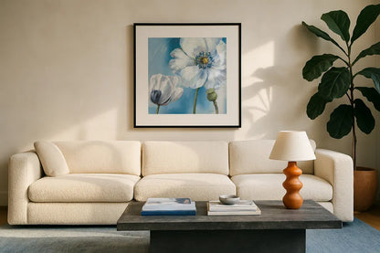 Blue Dance III by Lisa Audit. Displayed in a glass frame with matte in a clean modern living room. Available as an archival giclee rolled canvas, fine art paper, or poster print. SKU 14785a.