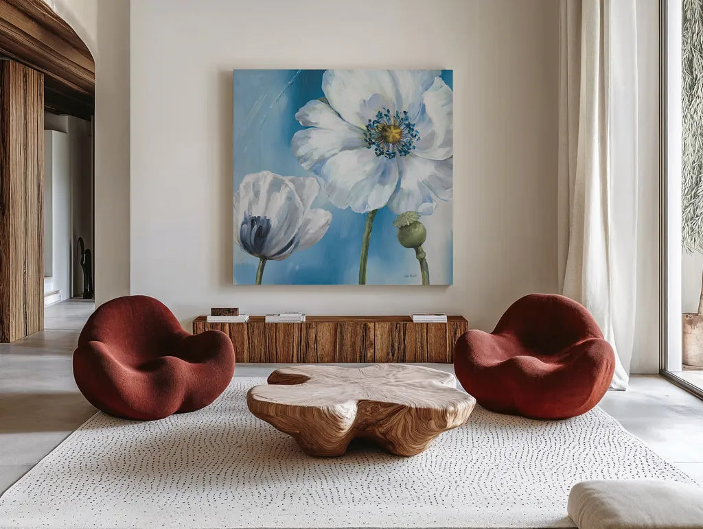 Blue Dance III by Lisa Audit. Shown as extra-large giant wall art in a modern living room. Available as an archival giclee rolled canvas, fine art paper, or poster print. SKU 14785a.