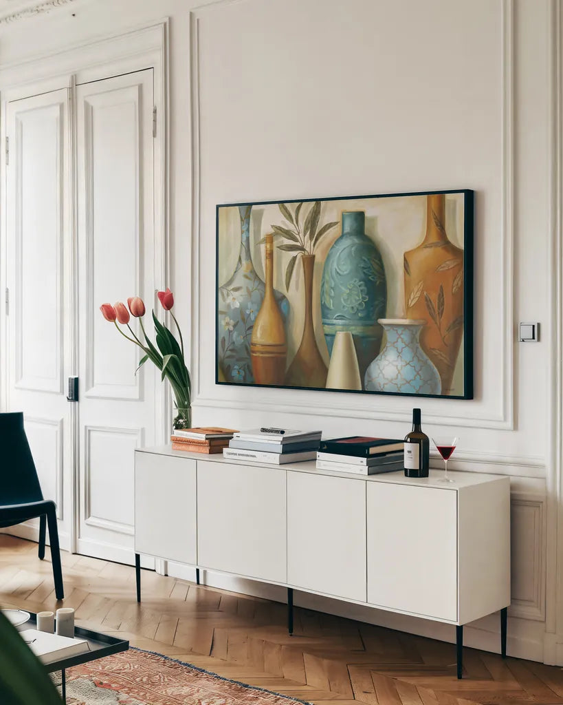 Blue Morocco by Lisa Audit. shown as a framed stretched canvas in a living room above a console. Available as a archival giclee rolled canvas, fine art paper, or poster print. SKU 2657i.