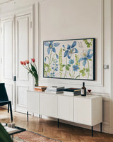 Blue and Green Garden I by Lisa Audit. shown as a framed stretched canvas in a living room above a console. Available as a archival giclee rolled canvas, fine art paper, or poster print. SKU 34775i.