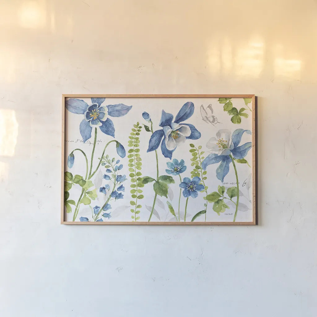 Blue and Green Garden I by Lisa Audit. shown as a paper print in a natural frame. Available as a archival giclee rolled canvas, fine art paper, or poster print. SKU 34775i.