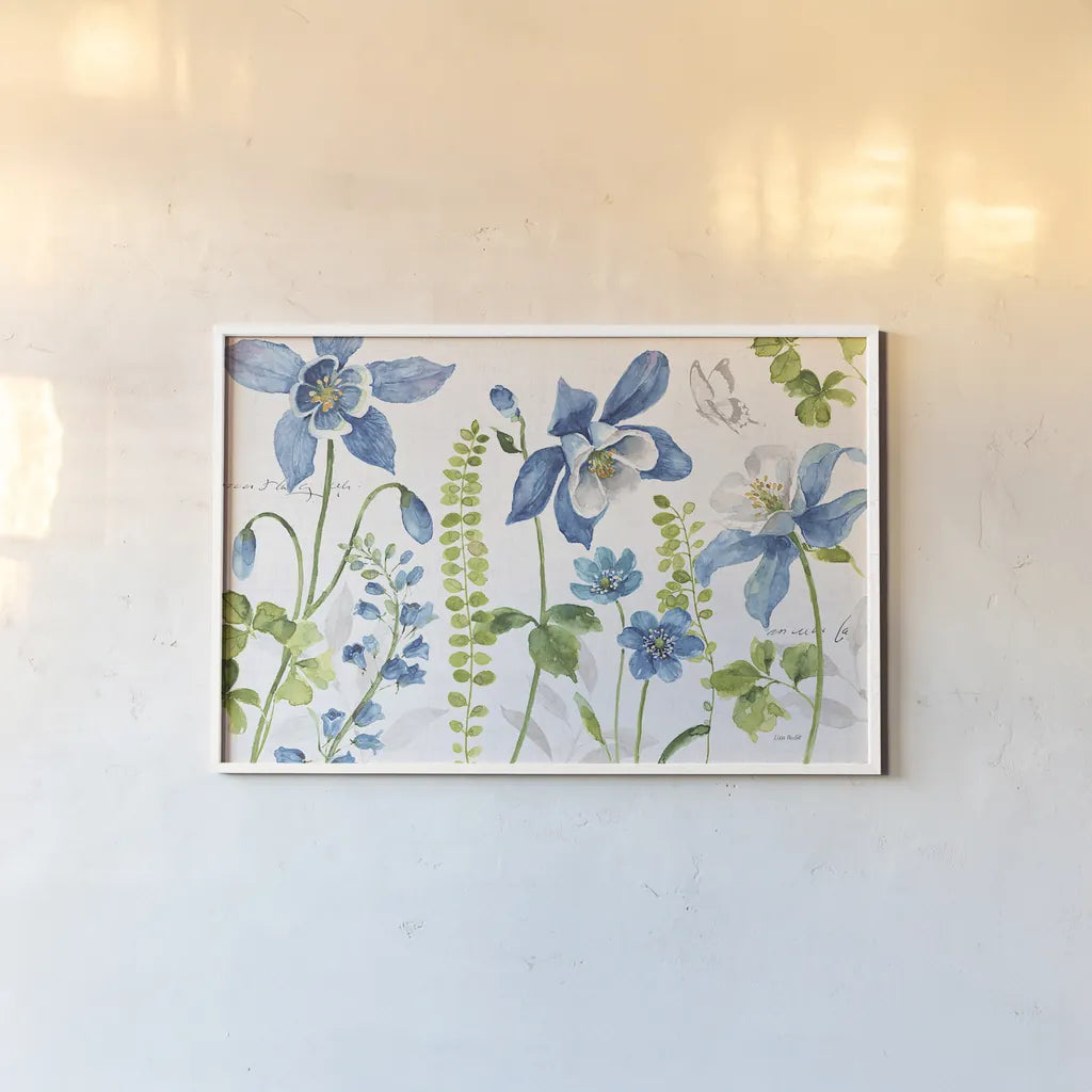 Blue and Green Garden I by Lisa Audit. shown as a paper print in a white frame. Available as a archival giclee rolled canvas, fine art paper, or poster print. SKU 34775i.