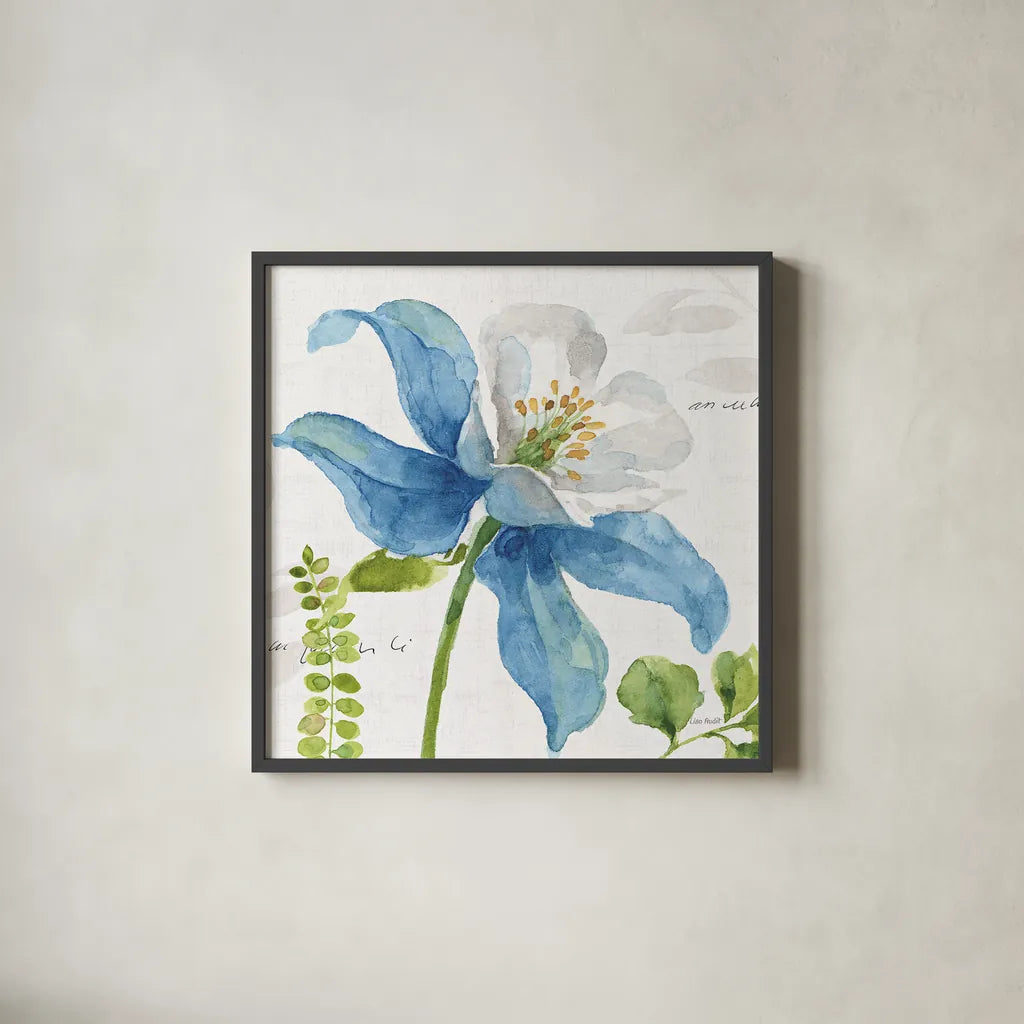 Blue and Green Garden II by Lisa Audit. Shown in a sleek black glass frame for a contemporary gallery look. Available as an archival giclee rolled canvas, fine art paper, or poster print. SKU 34776a.