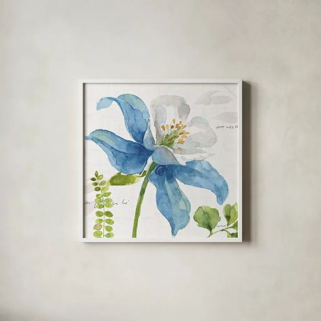 Blue and Green Garden II by Lisa Audit. Shown in a crisp white glass frame for a clean and minimalist style. Available as an archival giclee rolled canvas, fine art paper, or poster print. SKU 34776a.