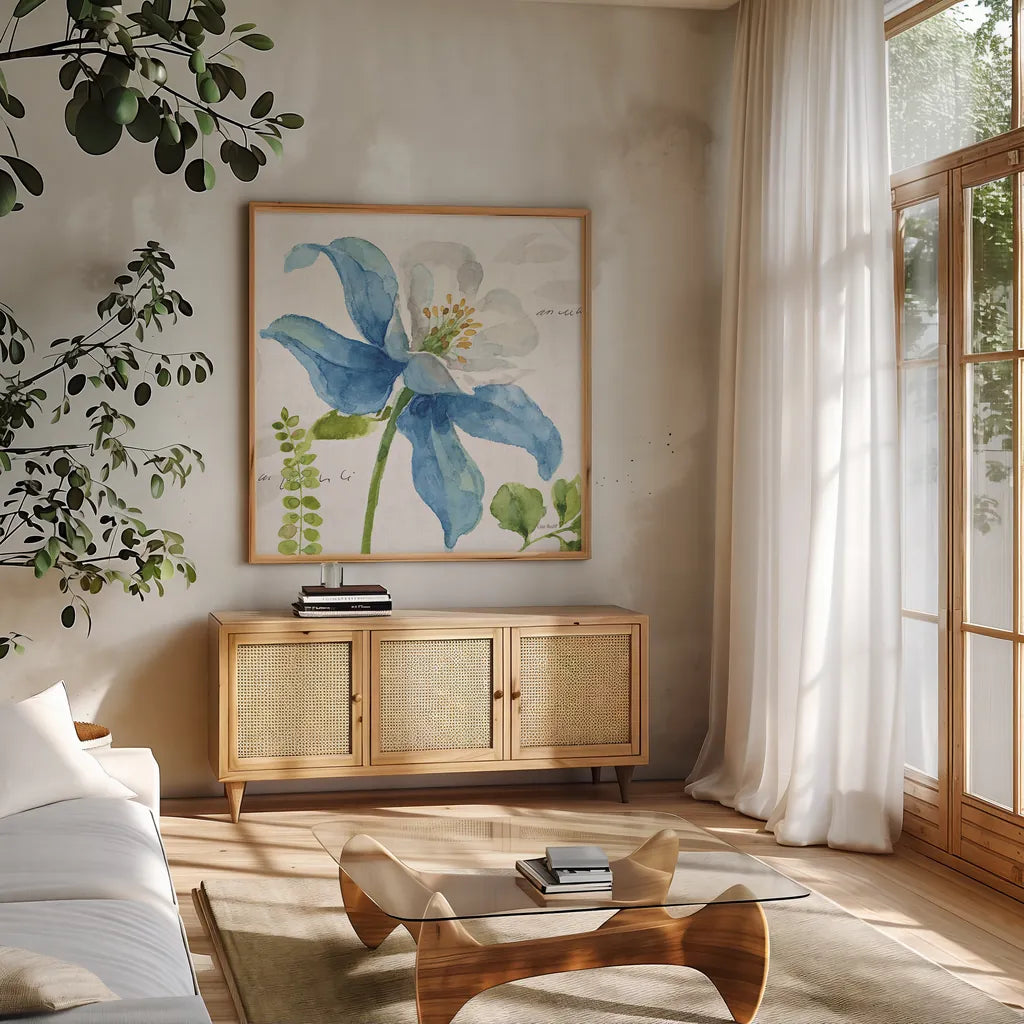 Blue and Green Garden II by Lisa Audit. Shown in a natural wood frame in a cozy modern living room. Available as an archival giclee rolled canvas, fine art paper, or poster print. SKU 34776a.