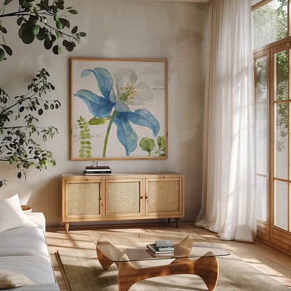 Blue and Green Garden II by Lisa Audit. Shown in a natural wood frame in a cozy modern living room. Available as an archival giclee rolled canvas, fine art paper, or poster print. SKU 34776a.