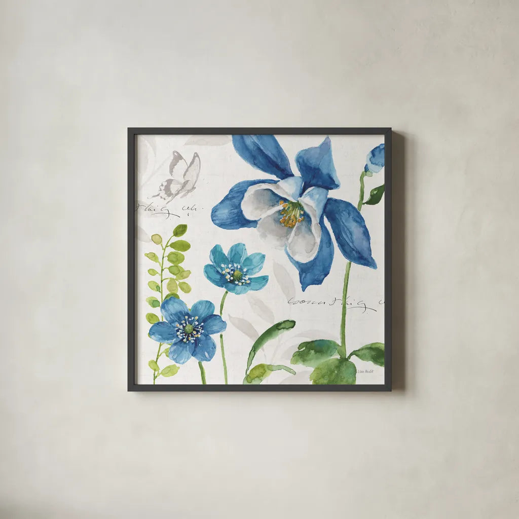 Blue and Green Garden III by Lisa Audit. Shown in a sleek black glass frame for a contemporary gallery look. Available as an archival giclee rolled canvas, fine art paper, or poster print. SKU 34777a.