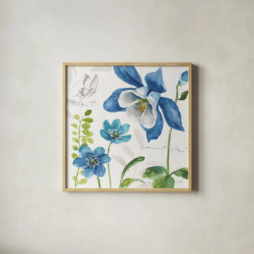 Blue and Green Garden III by Lisa Audit. Shown in a natural wood glass frame for a timeless modern aesthetic. Available as an archival giclee rolled canvas, fine art paper, or poster print. SKU 34777a.