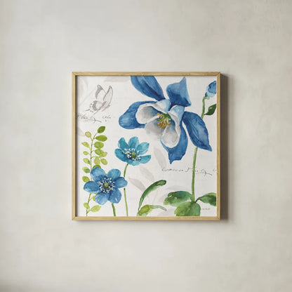Blue and Green Garden III by Lisa Audit. Shown in a natural wood glass frame for a timeless modern aesthetic. Available as an archival giclee rolled canvas, fine art paper, or poster print. SKU 34777a.