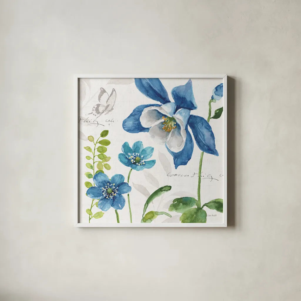 Blue and Green Garden III by Lisa Audit. Shown in a crisp white glass frame for a clean and minimalist style. Available as an archival giclee rolled canvas, fine art paper, or poster print. SKU 34777a.
