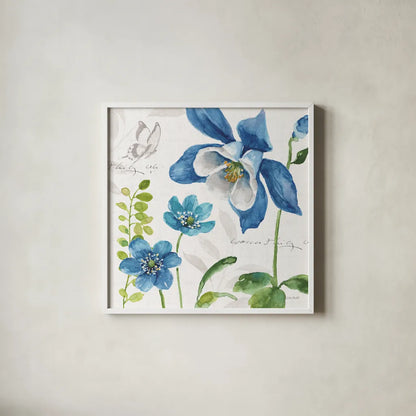 Blue and Green Garden III by Lisa Audit. Shown in a crisp white glass frame for a clean and minimalist style. Available as an archival giclee rolled canvas, fine art paper, or poster print. SKU 34777a.