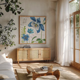 Blue and Green Garden III by Lisa Audit. Shown in a natural wood frame in a cozy modern living room. Available as an archival giclee rolled canvas, fine art paper, or poster print. SKU 34777a.