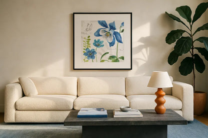 Blue and Green Garden III by Lisa Audit. Displayed in a glass frame with matte in a clean modern living room. Available as an archival giclee rolled canvas, fine art paper, or poster print. SKU 34777a.