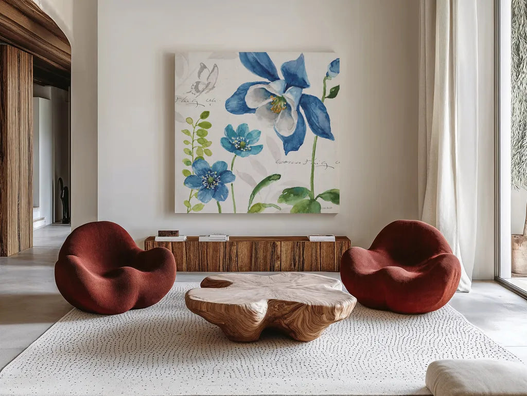 Blue and Green Garden III by Lisa Audit. Shown as extra-large giant wall art in a modern living room. Available as an archival giclee rolled canvas, fine art paper, or poster print. SKU 34777a.