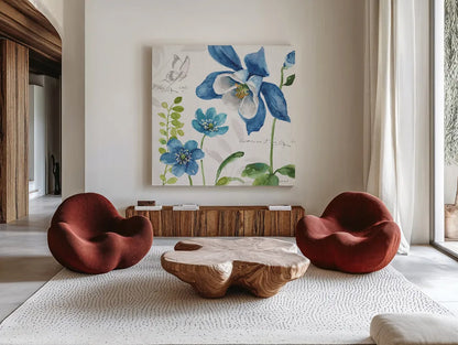 Blue and Green Garden III by Lisa Audit. Shown as extra-large giant wall art in a modern living room. Available as an archival giclee rolled canvas, fine art paper, or poster print. SKU 34777a.
