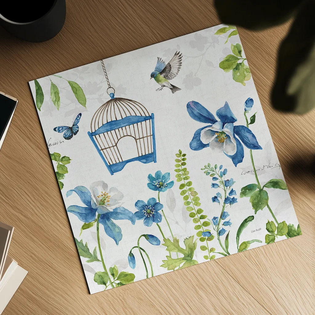 Blue and Green Garden IV by Lisa Audit. Shown as a detailed flat fine art print, highlighting archival giclee quality. Available as an archival giclee rolled canvas, fine art paper, or poster print. SKU 34778a.