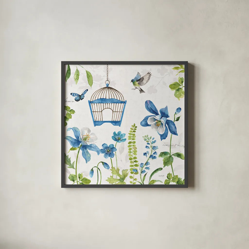 Blue and Green Garden IV by Lisa Audit. Shown in a sleek black glass frame for a contemporary gallery look. Available as an archival giclee rolled canvas, fine art paper, or poster print. SKU 34778a.