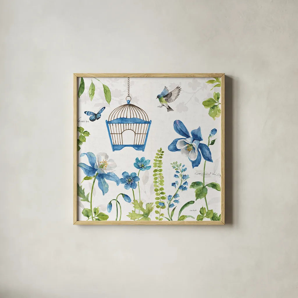 Blue and Green Garden IV by Lisa Audit. Shown in a natural wood glass frame for a timeless modern aesthetic. Available as an archival giclee rolled canvas, fine art paper, or poster print. SKU 34778a.