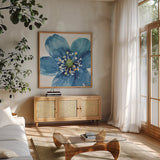 Blue and Green Garden V by Lisa Audit. Shown in a natural wood frame in a cozy modern living room. Available as an archival giclee rolled canvas, fine art paper, or poster print. SKU 34784a.