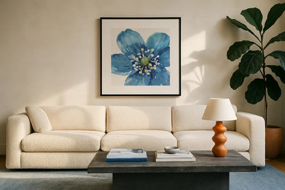 Blue and Green Garden V by Lisa Audit. Displayed in a glass frame with matte in a clean modern living room. Available as an archival giclee rolled canvas, fine art paper, or poster print. SKU 34784a.