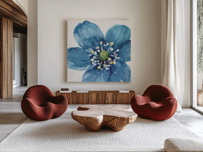 Blue and Green Garden V by Lisa Audit. Shown as extra-large giant wall art in a modern living room. Available as an archival giclee rolled canvas, fine art paper, or poster print. SKU 34784a.